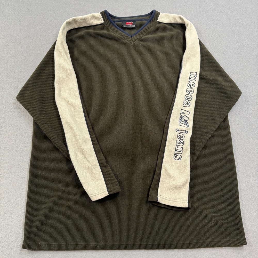 Y2K Mecca Jeans Sweater Mens 3XL Green Ribbed Fleece V-Neck Long Sleeve Pullover